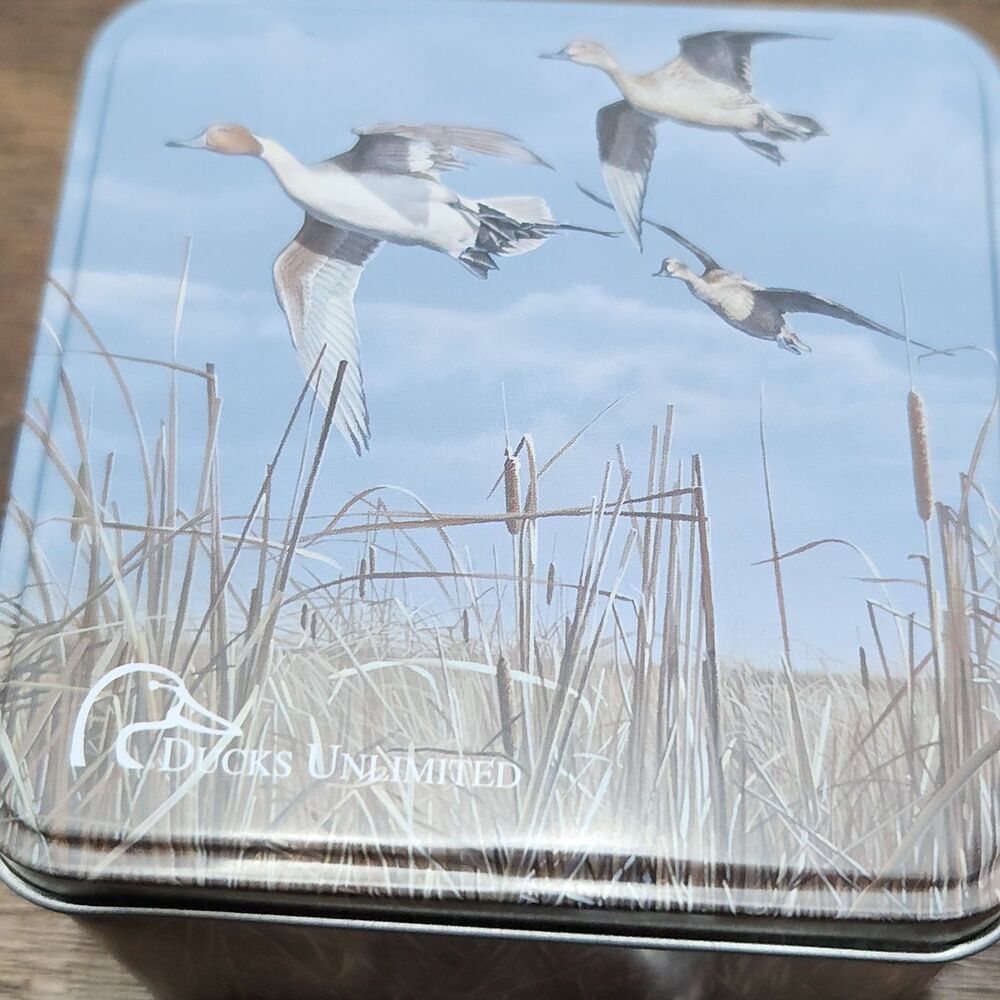Vintage Ducks Unlimited Decorative Tin Featuring Flying Waterfowl Over Wetland
